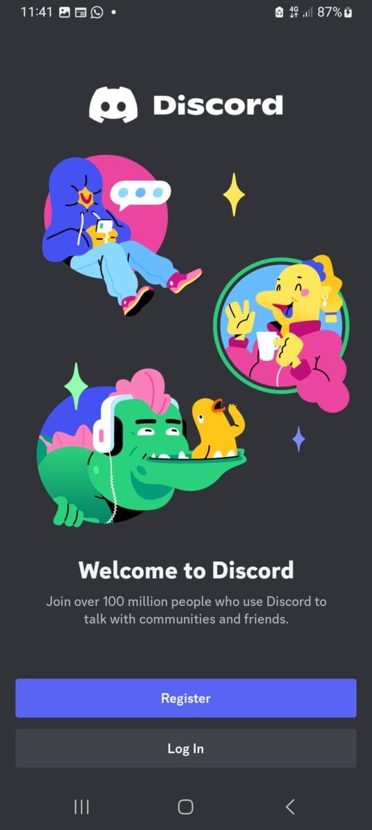 Discord mobile app log in page.