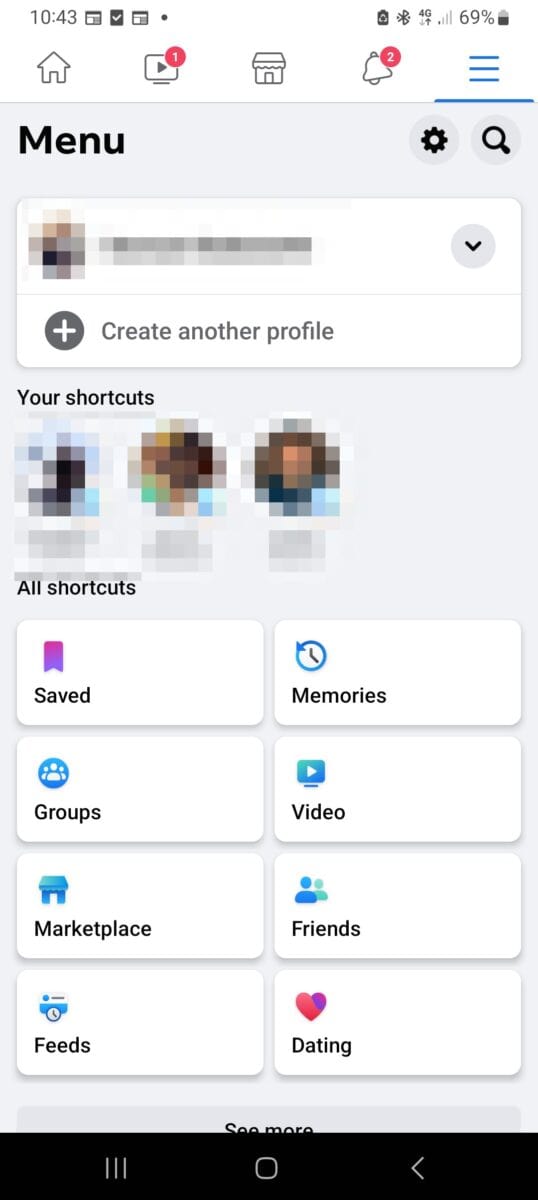 Profile settings on Facebook mobile.