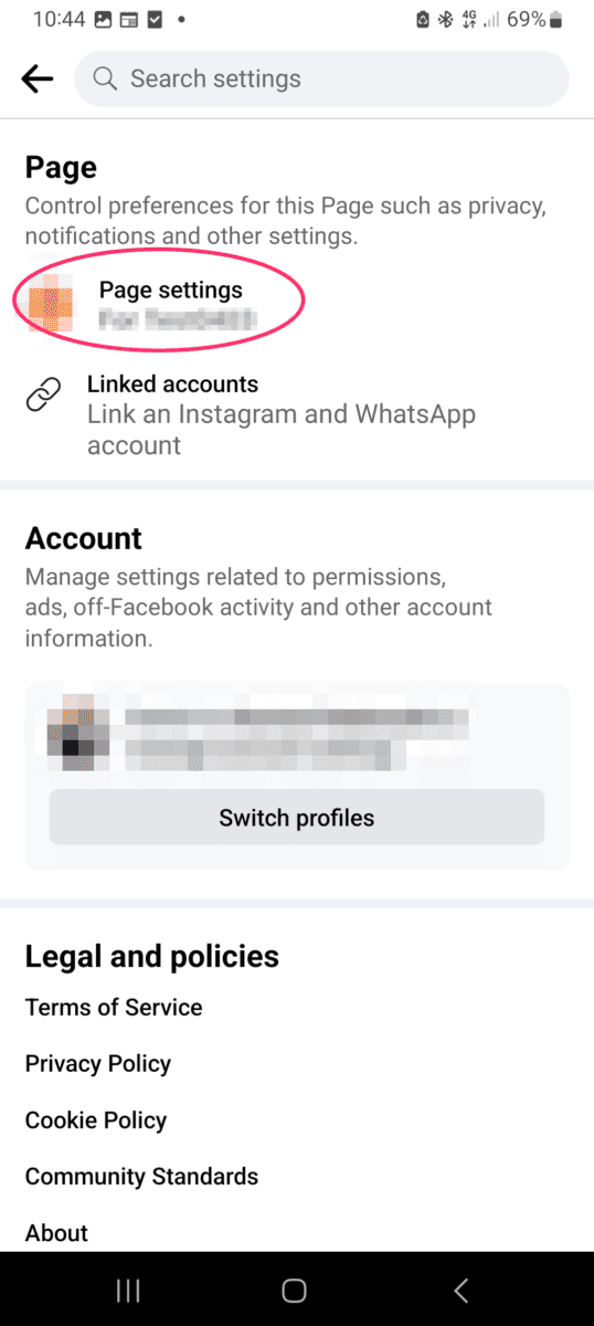 Facebook page mobile settings.