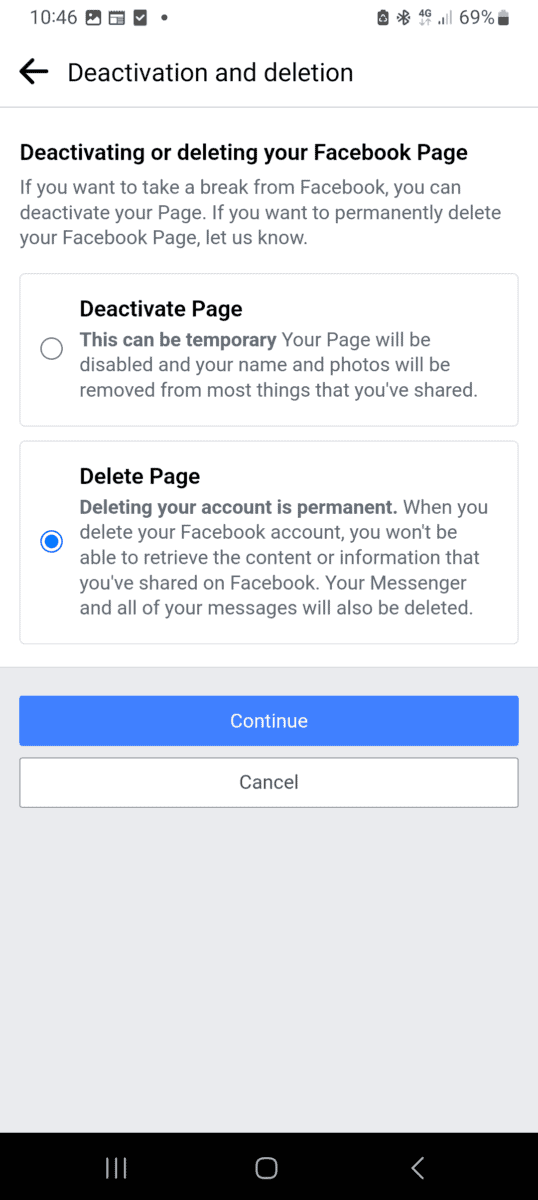 Deleting Facebook page on mobile.