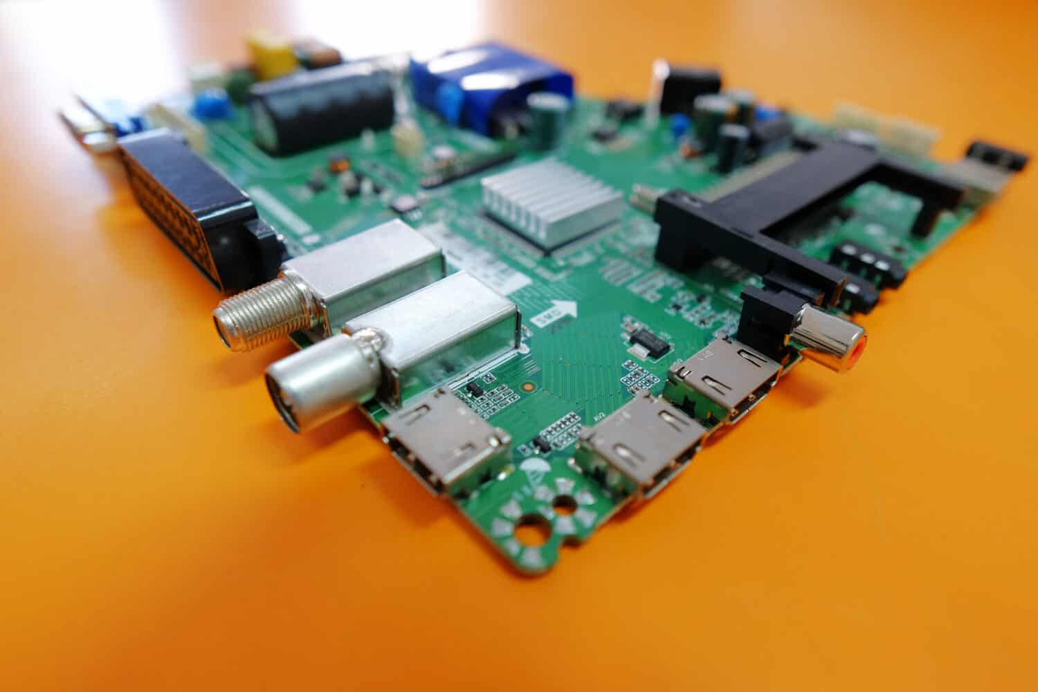 RF module and HDMI connectors on a printed circuit board, narrow dept of field.