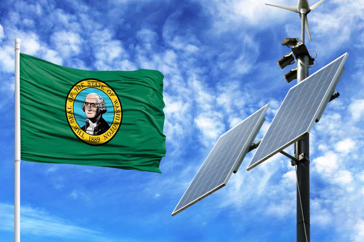 Solar panels on a background of blue sky with a flagpole and the flag State of Washington