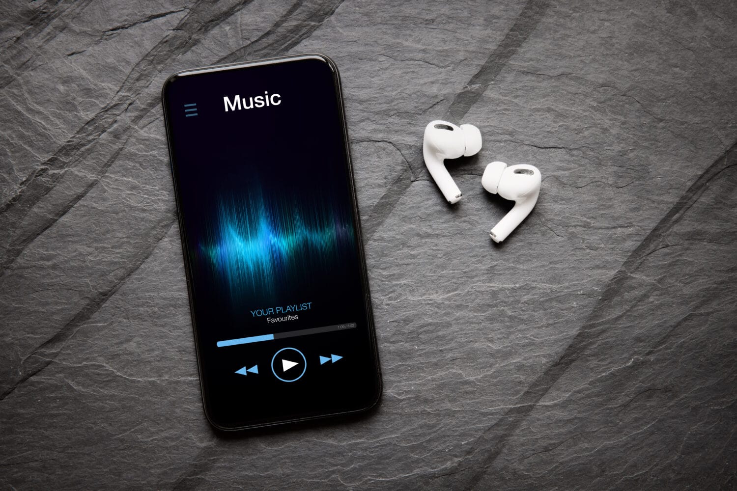 Music player on mobile phone and wireless earbuds