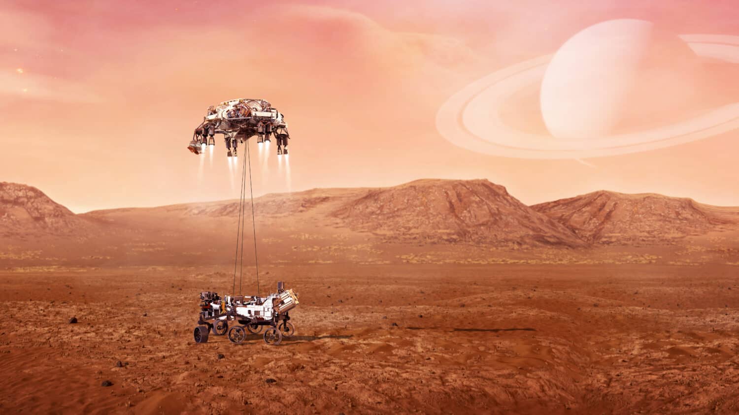 Landing of Mars Rover on surface of red planet. Elements of this image furnished by NASA.