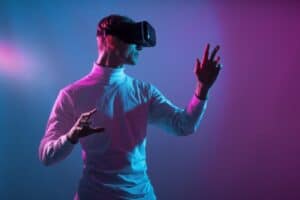 VR guy play virtual battle game at meta verse and dive as digital character in cyber and fantasy world while live in a futuristic reality and create new digital identity