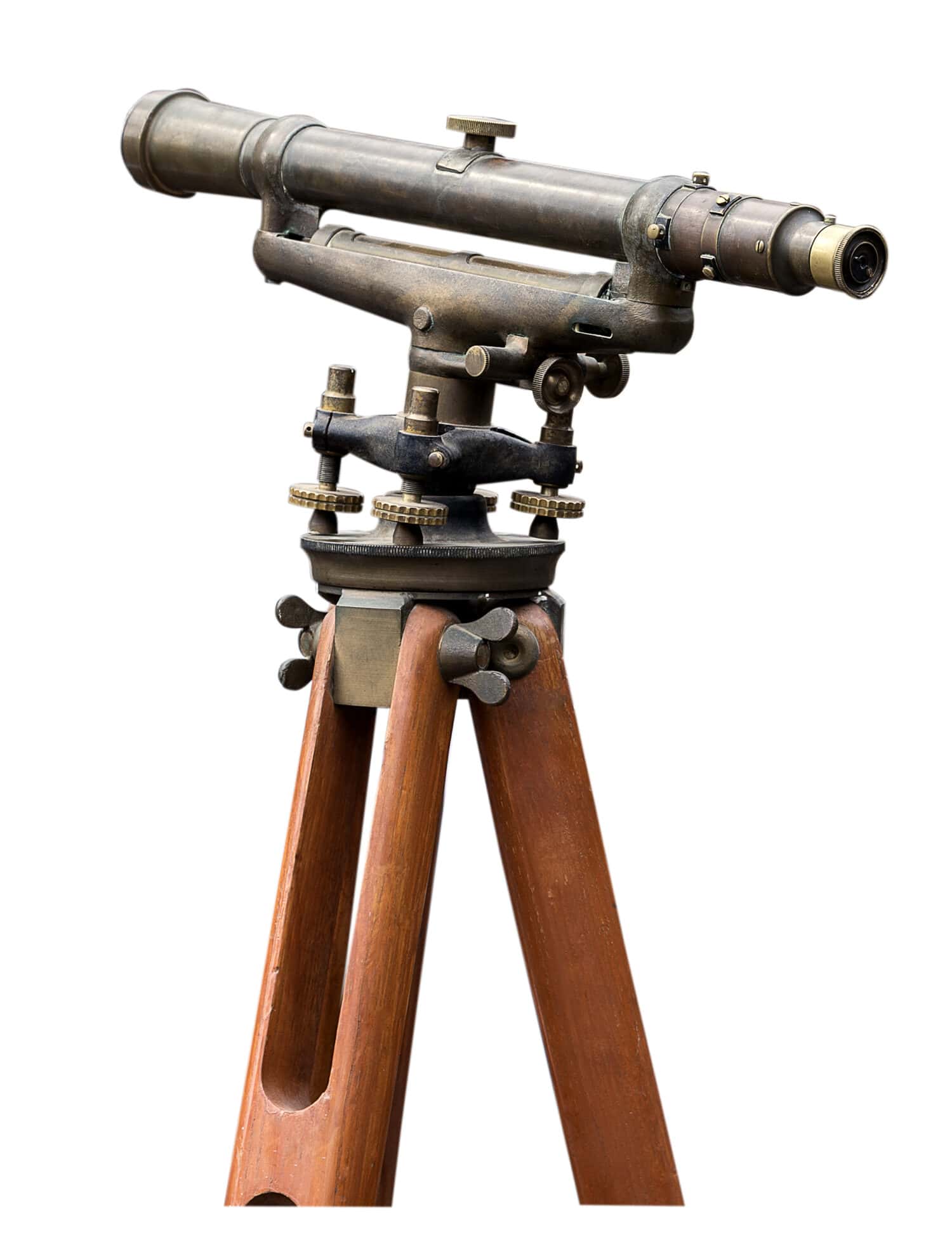 old bronze telescope on stand with white background
