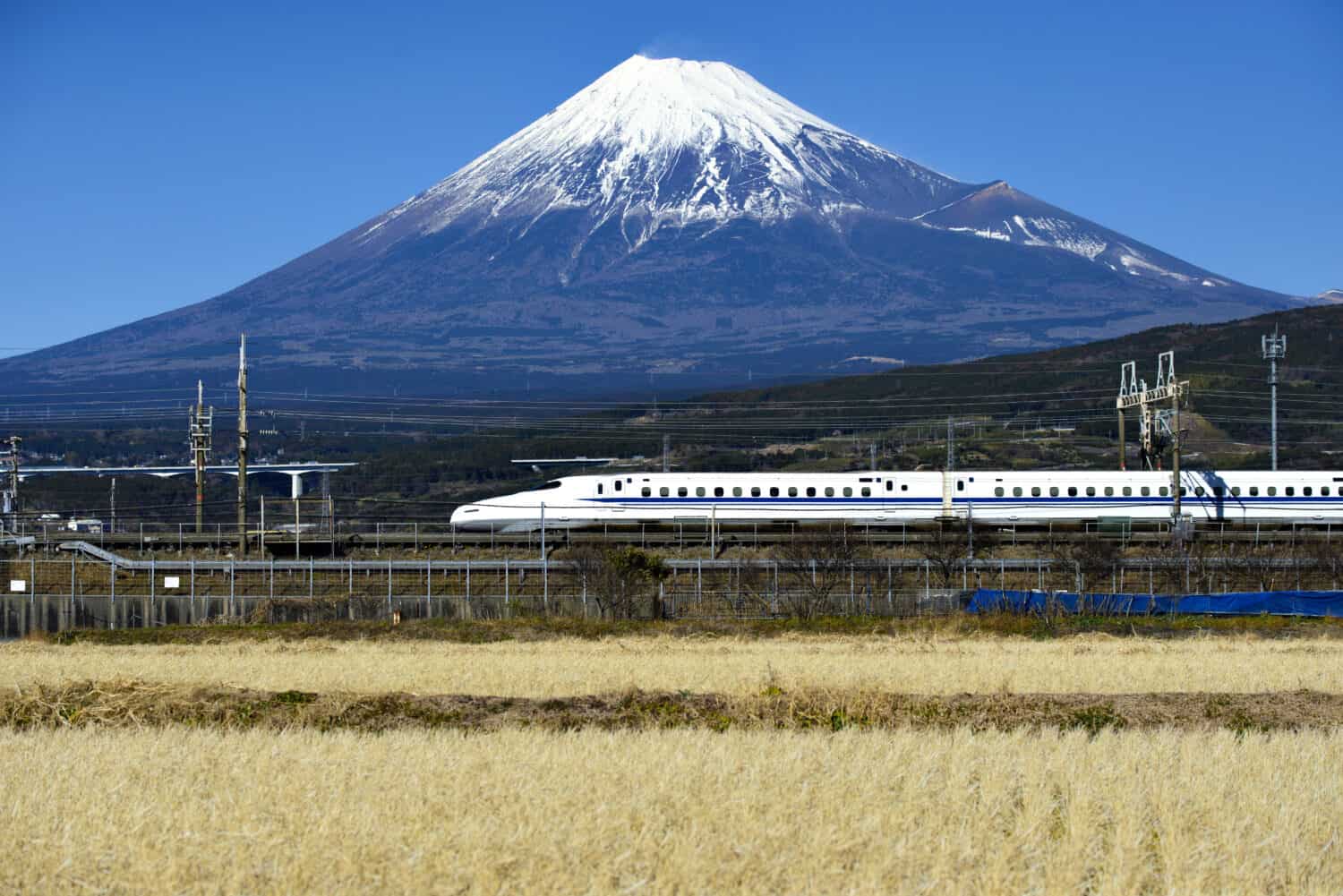 High Speed Bullet Train Tokaido Shinkansen and Fuji mountain with rice field, Fuji, Shizuoka, Japan