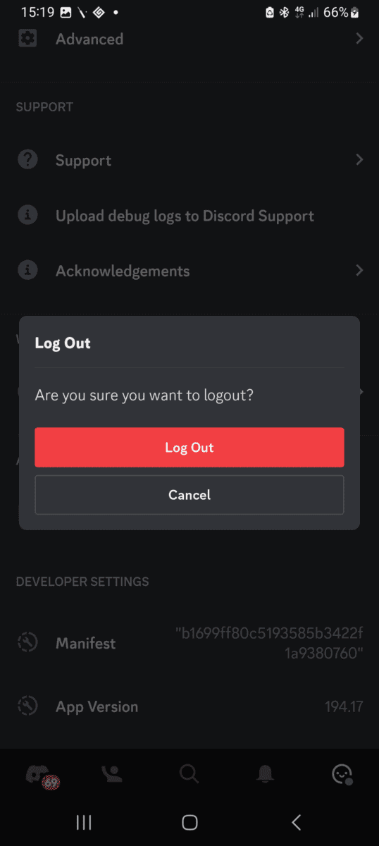 Discord log out confirmation.