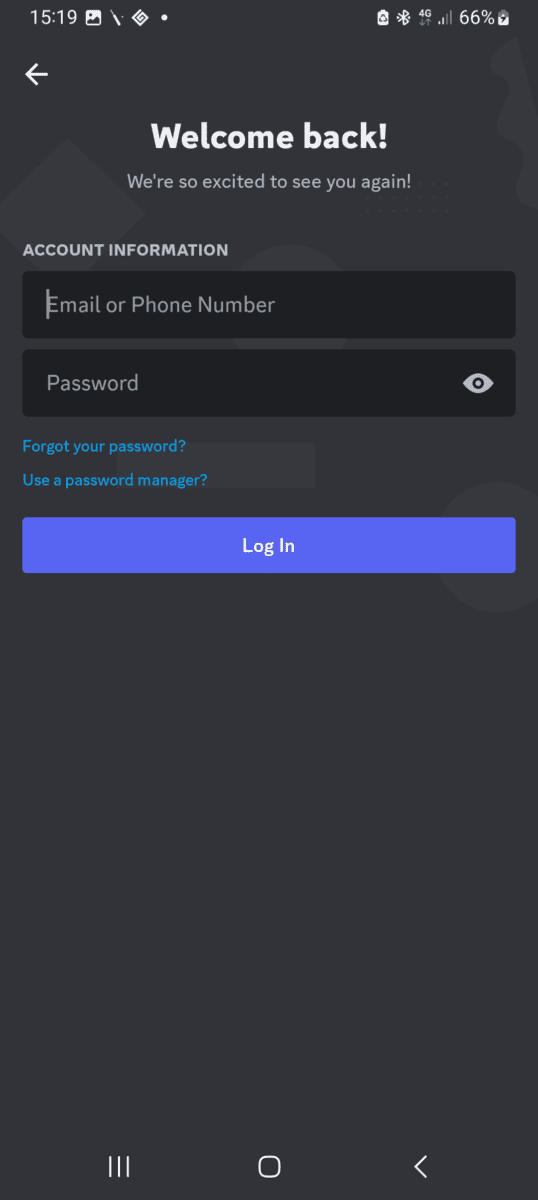 Discord log in page.