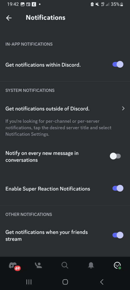 Discord mobile notification settings.