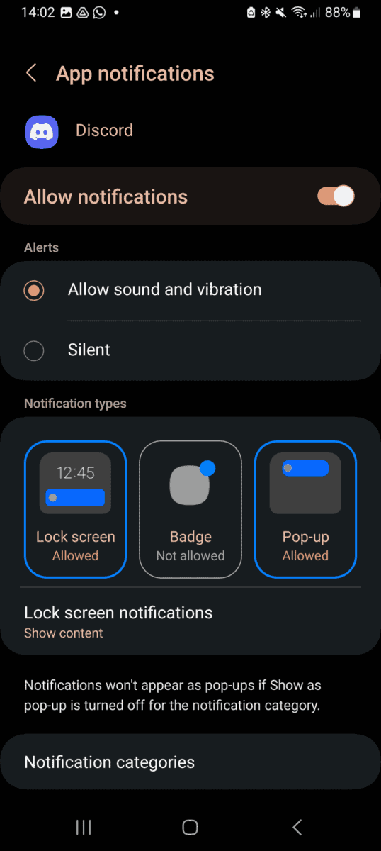 Discord mobile notification sound settings.