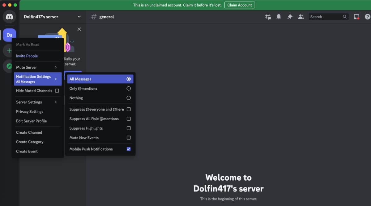 Turning off Discord notifications for a channel or server on a computer.
