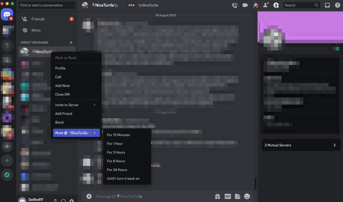 Muting Discord user notifications on a computer.