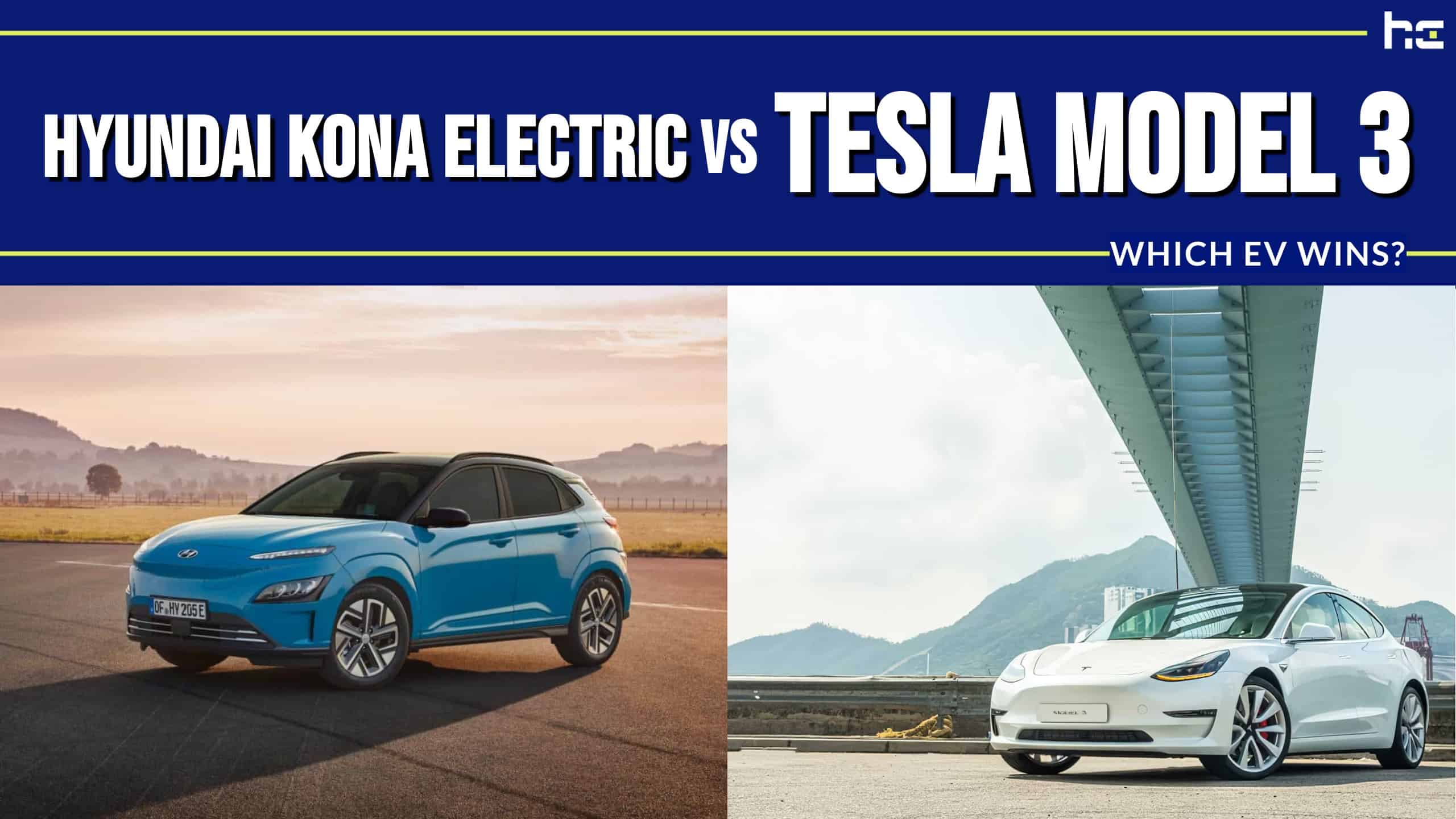 Hyundai Kona Electric vs Tesla Model 3 comparison image.