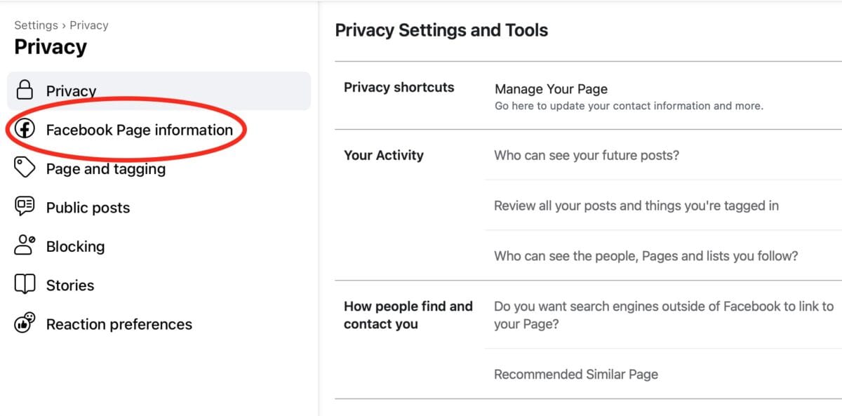 Facebook page settings.