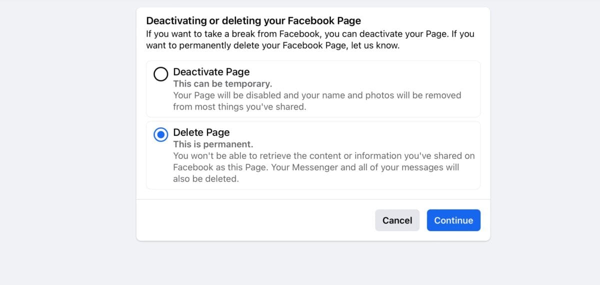 Deletion and Deactivation settings on Facebook page.