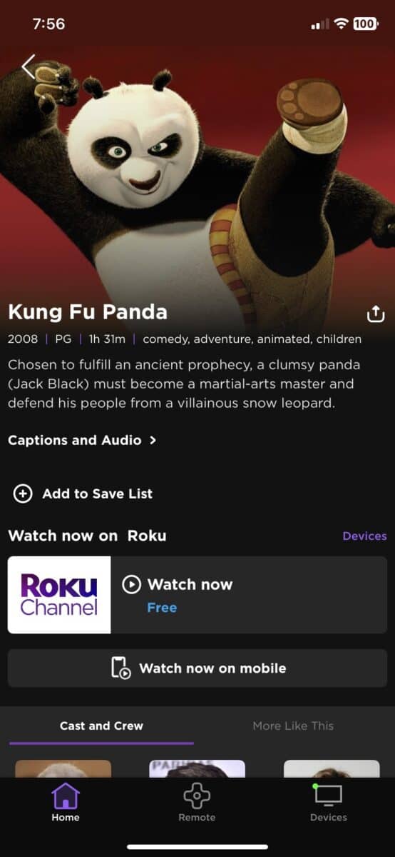 Viewing Kung Fu Panda in the Roku Channel app