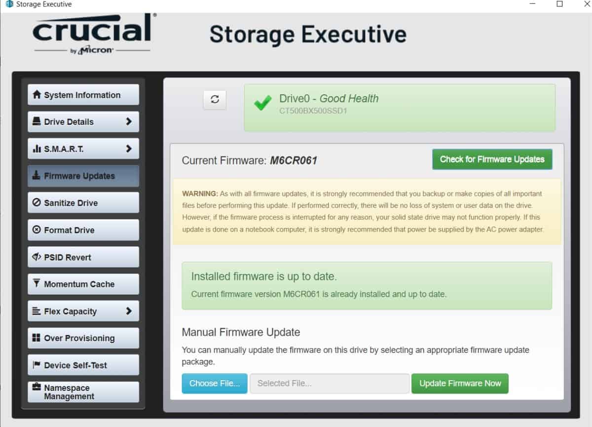 A picture of Crucial's Storage Executive utility software.