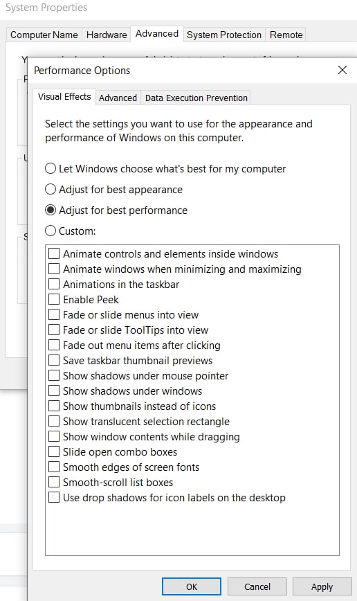 Window's System Properties showing visual effects that can be disabled to improve performance.