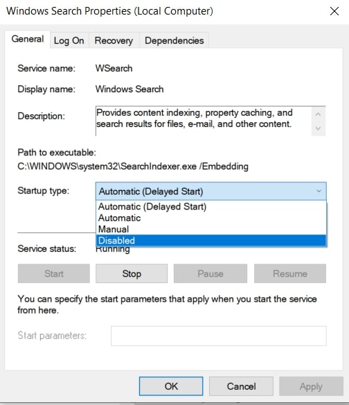 Windows Search Properties and the options for Startup type. 