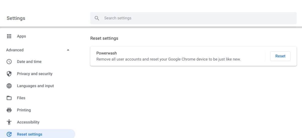 A screenshot of the option to reset your Chromebook.