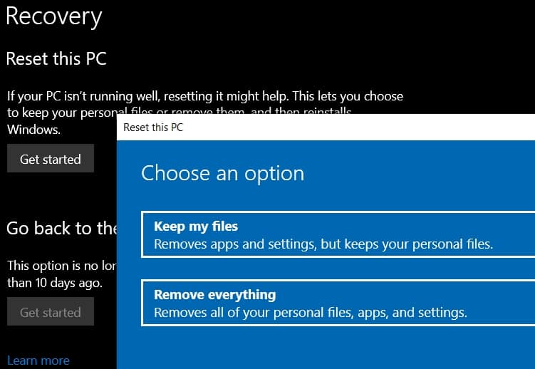 The option to Reset a Windows PC which include "keep my files" or remove everything.