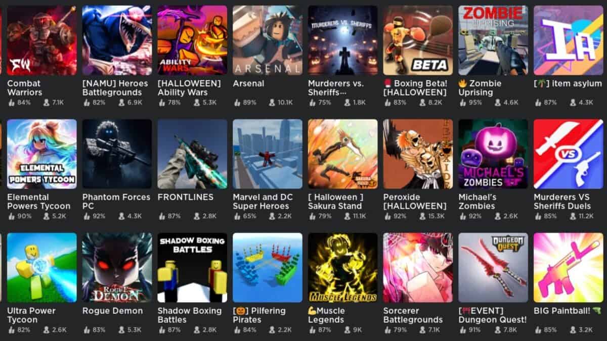 a list of Roblox games under the 'fighting' genre
