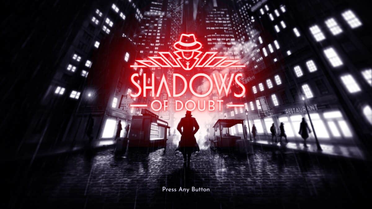 Shadows of Doubt main menu screen as used in the indie puzzle game article.