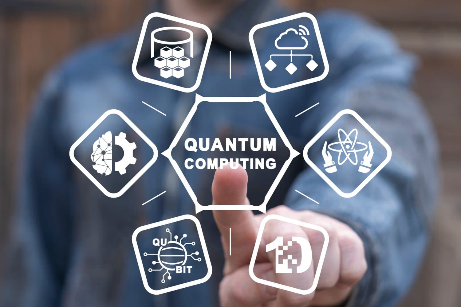 Man using virual touchscreen clicks text: QUANTUM COMPUTING. Concept of quantum computing. Quantum computer, artificial intelligence, innovative calculations, future digital technology. Supercomputing