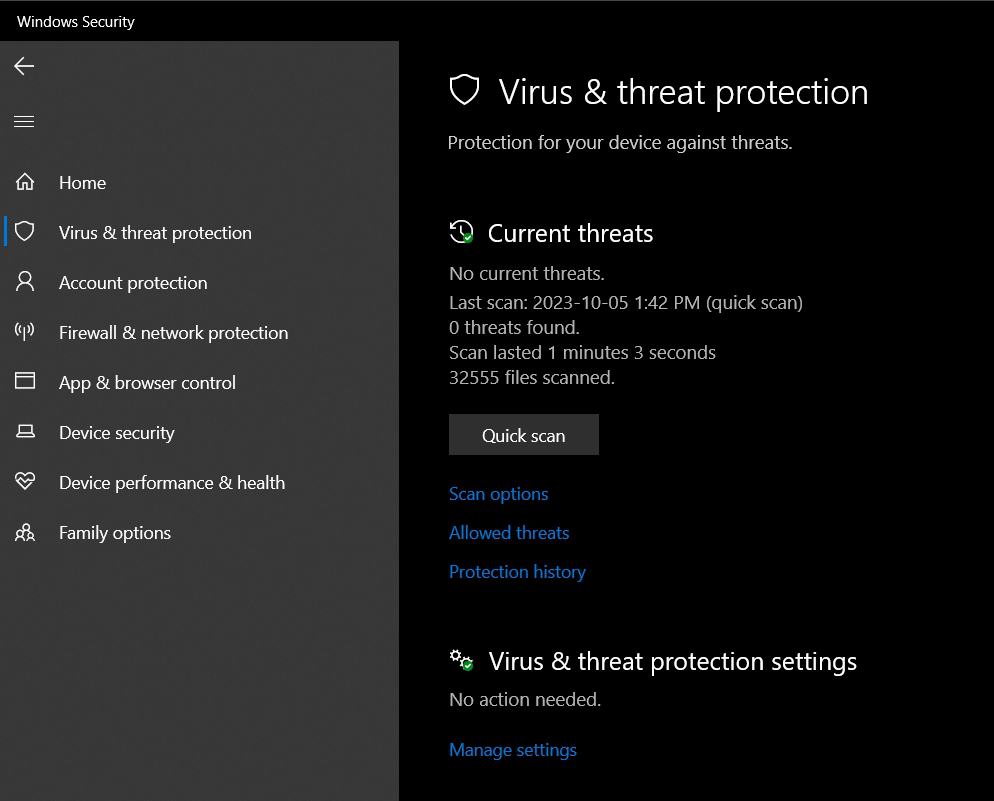 Window's Virus & Threat Protection service that keeps your computer virus-free.