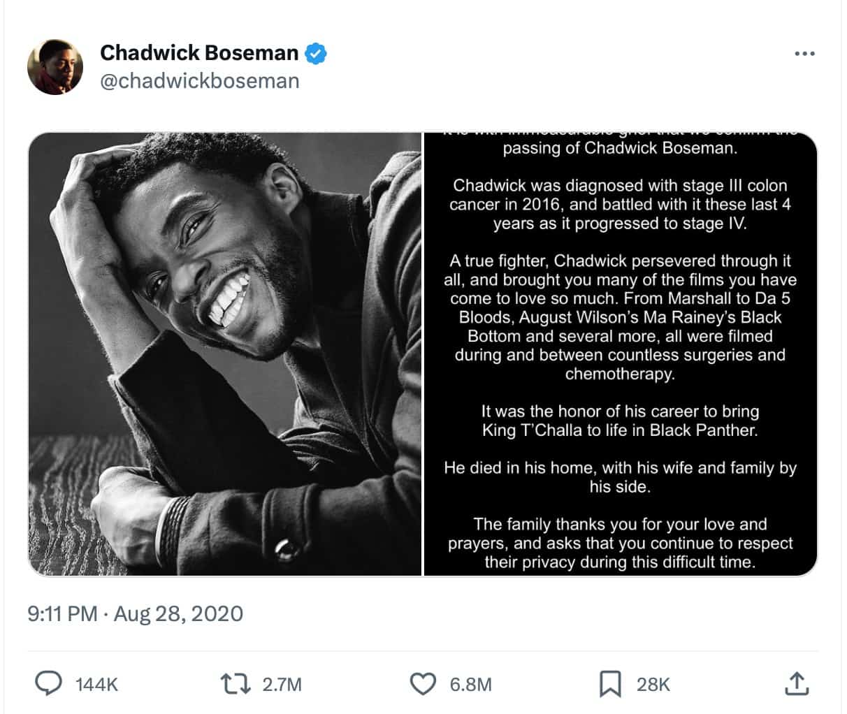 Chadwick Boseman's family announces the actor's death on social media.