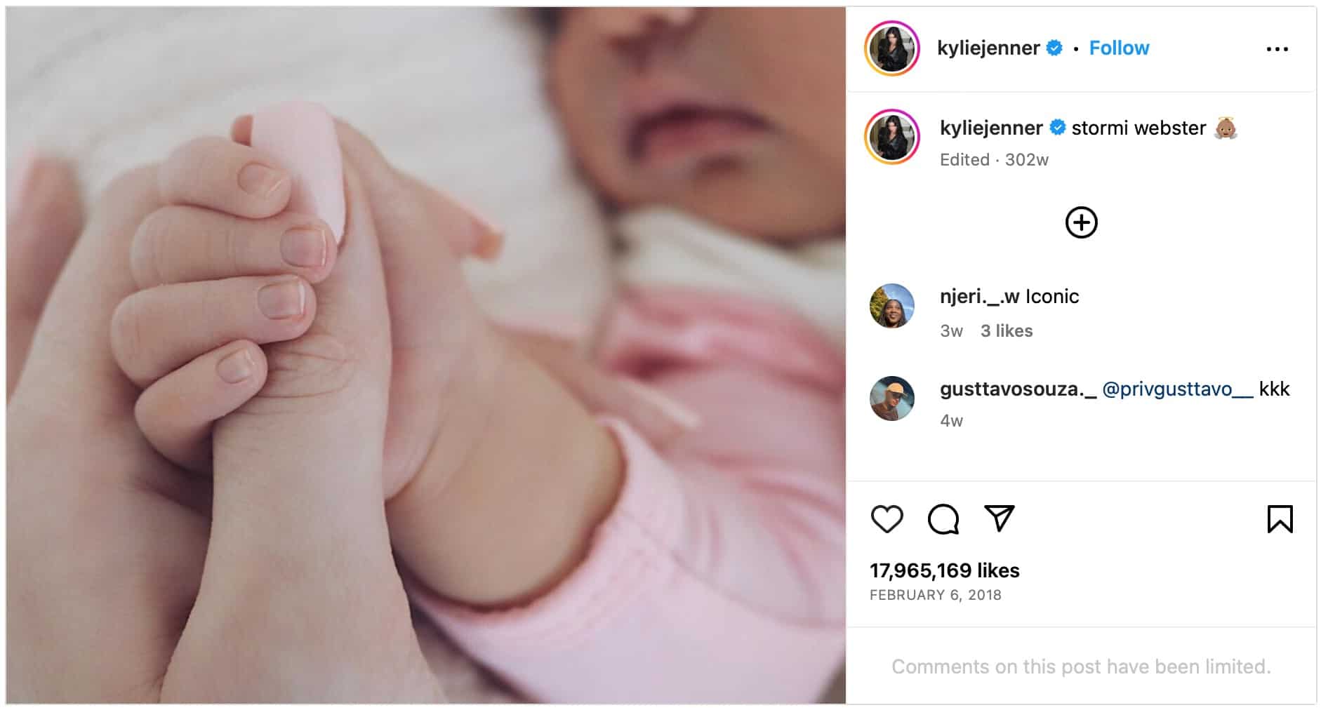 Kylie Jenner's photo of her firstborn's little fingers.