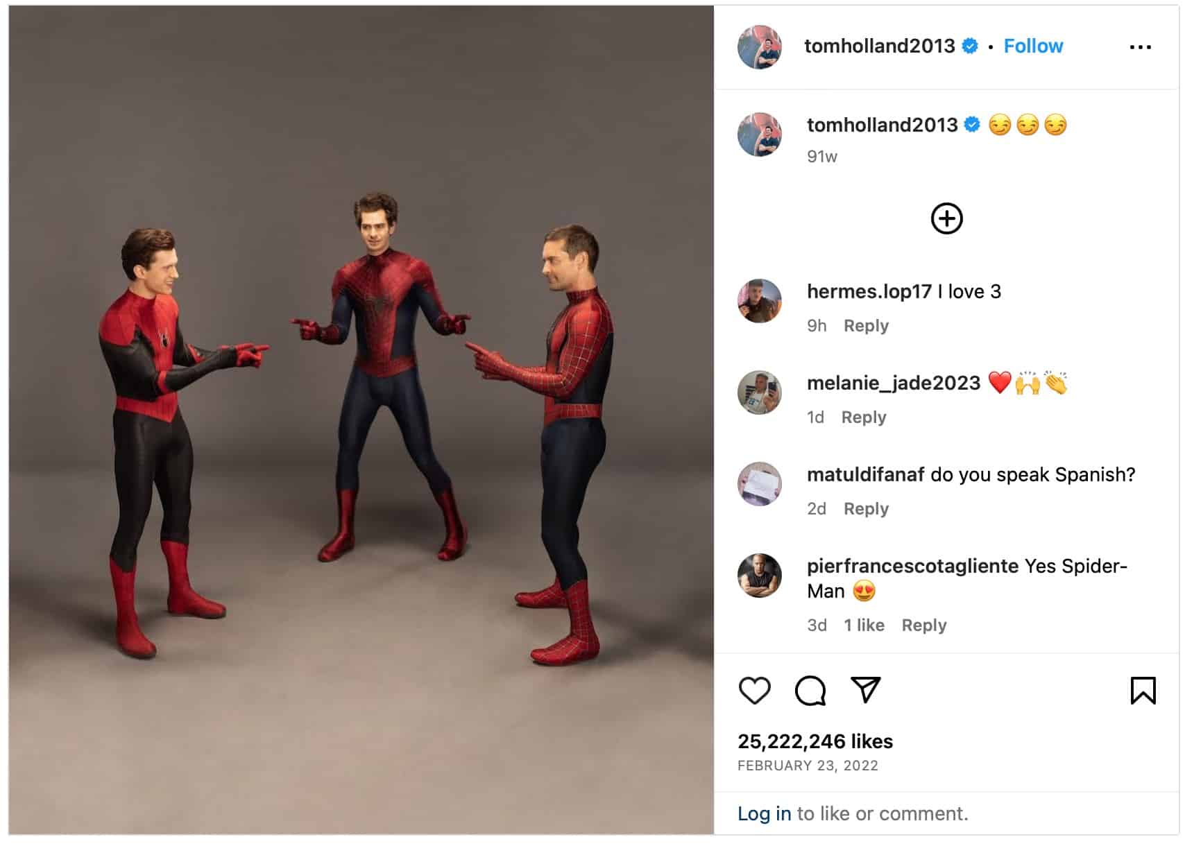 Tom Holland, Andrew Garfield, and Tobey Maguire recreate a classic meme.