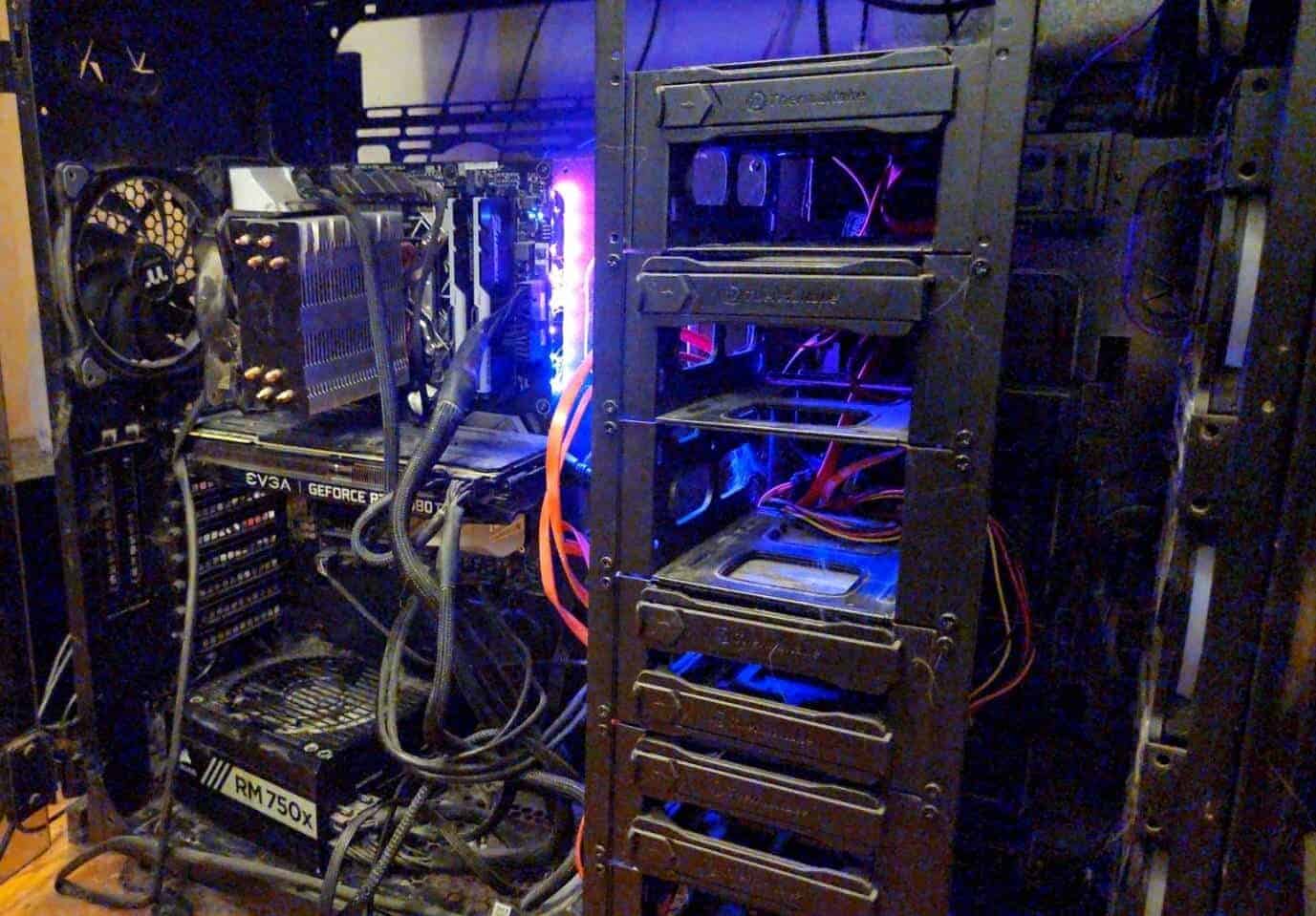 A close up of a full-tower gaming PC.