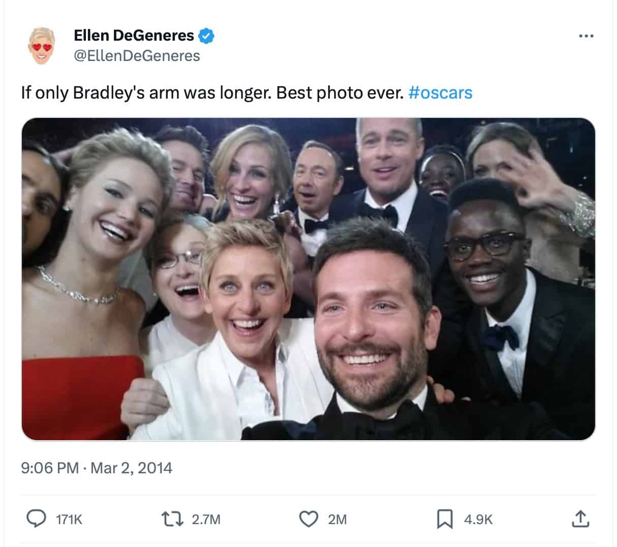 Ellen and her fellow celebs at the Oscars.