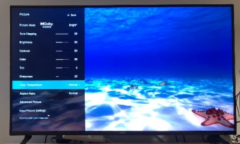 Color settings on a TV.