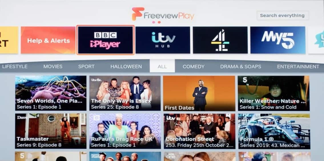 Still of Freeview interface on LG smart TV.