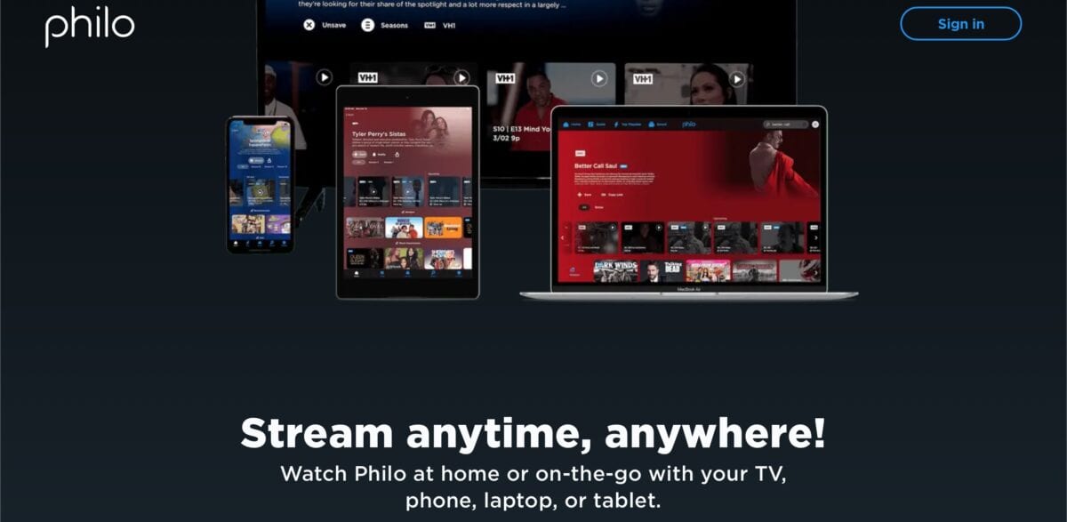 Philo website streaming options.