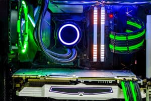 Close-up Desktop PC Gaming and liquid cooling cpu with LED RGB light show status on working mode, interior pc case technology background