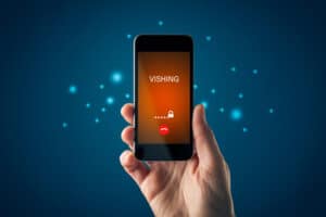 Vishing call warning and alert on smart phone concept. Be careful against vishing attack by imposter and don’t give away passwords and another sensitive data. Smart phone cybersecurity concept.