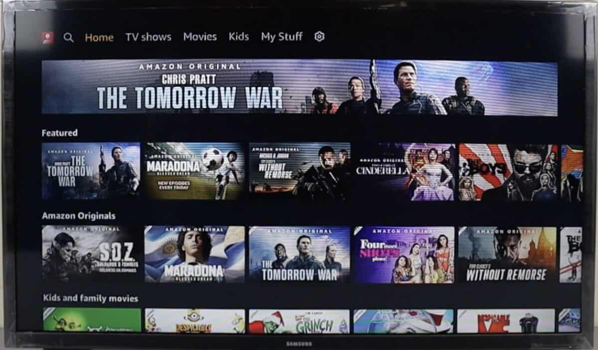 Amazon Prime Video home page on Samsung TV.
