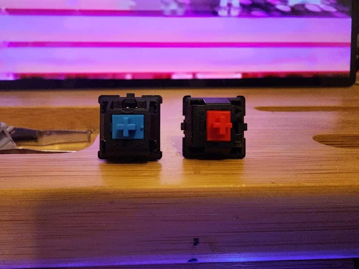 A Cherry MX Blue keyboard switch next to a Cherry MX Red one.