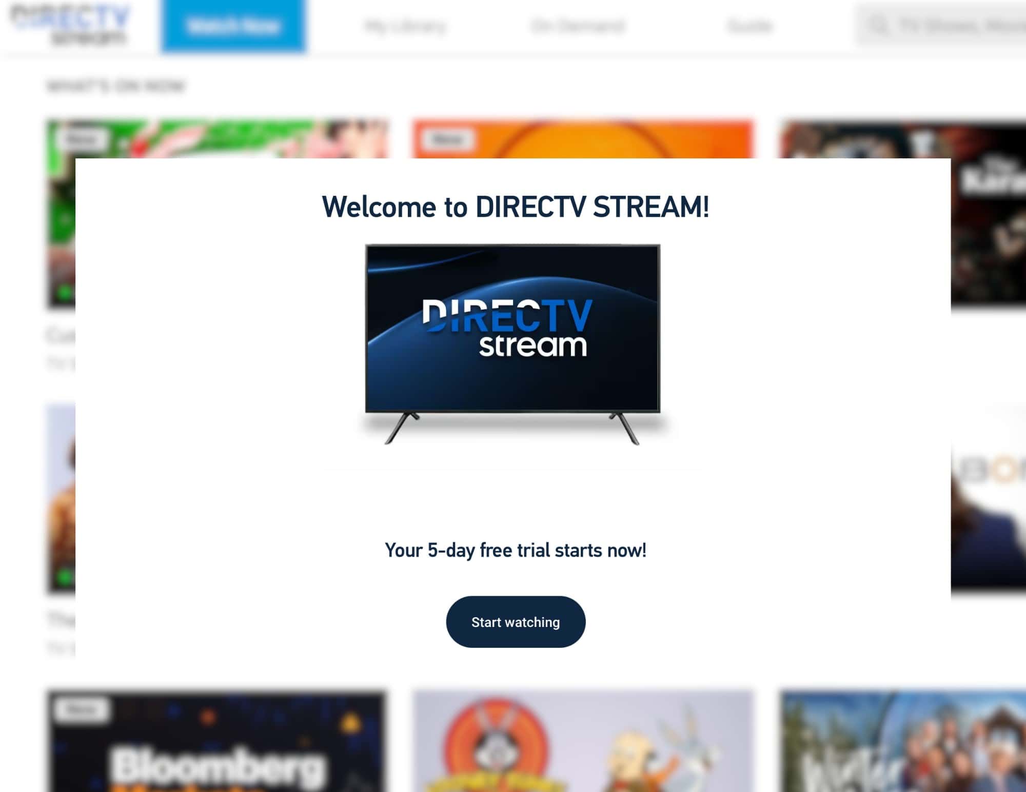 Screen welcoming user to DirecTV Stream.
