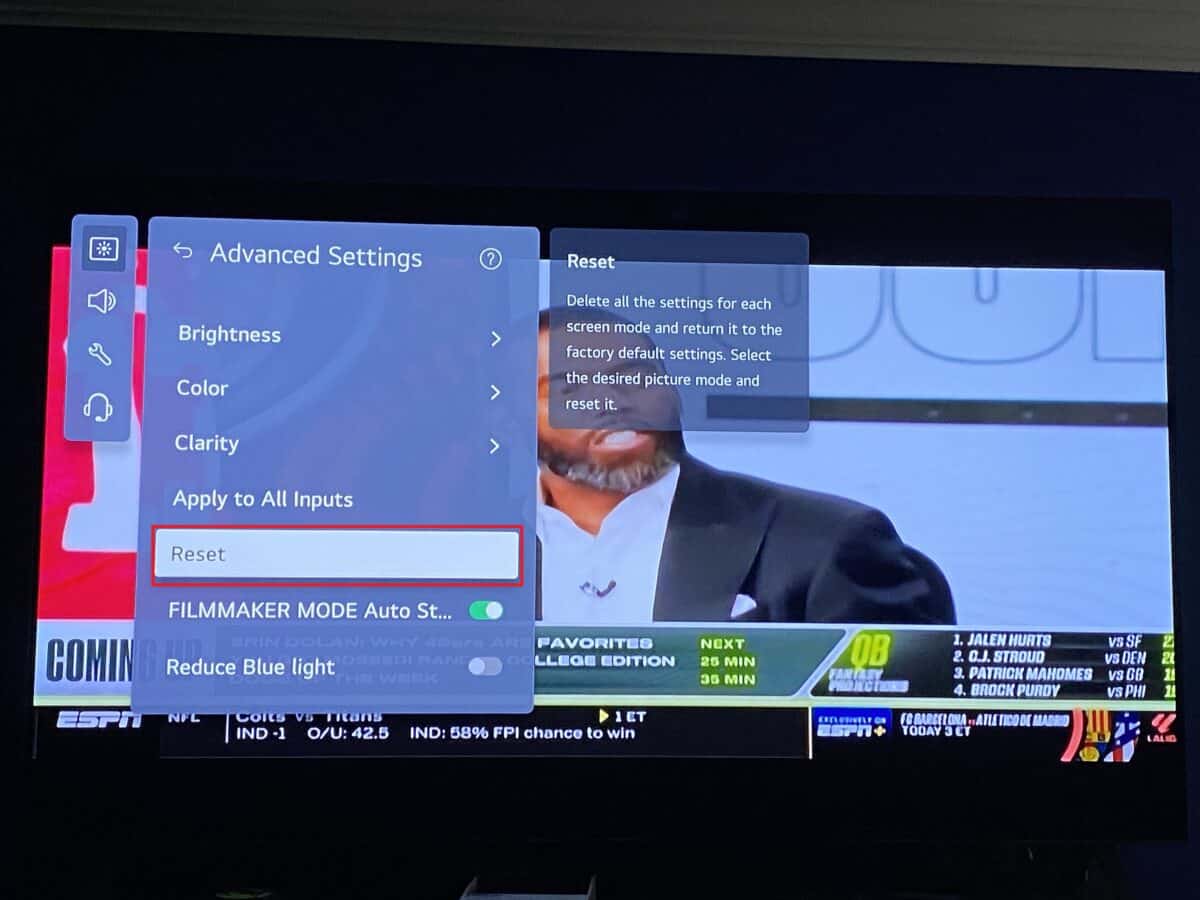 Reset picture settings in LG Smart TV menu
