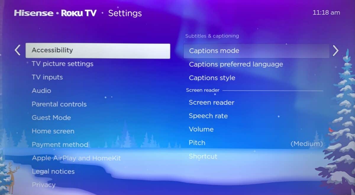 Accessibility settings on Roku TV.