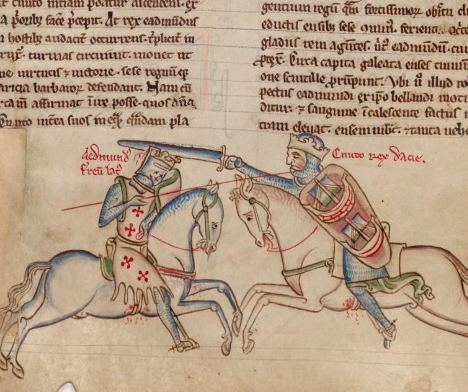Medieval illumination depicting Kings Edmund Ironside (left) and Cnut (right).