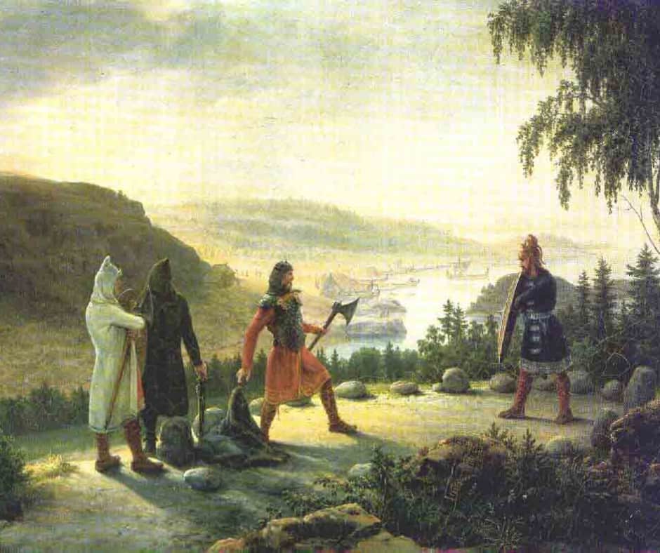Egil engaging in holmgang with Berg-Önundr. Painting by Johannes Flintoe.