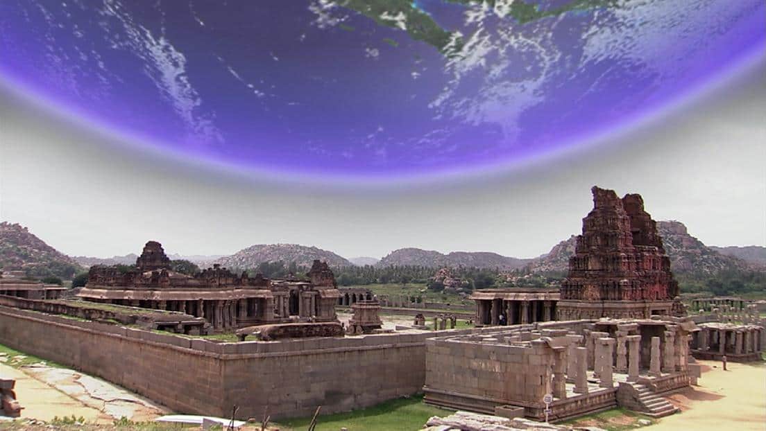 Earth and ancient ruins shown close to colliding in an image from History's Ancient Aliens.