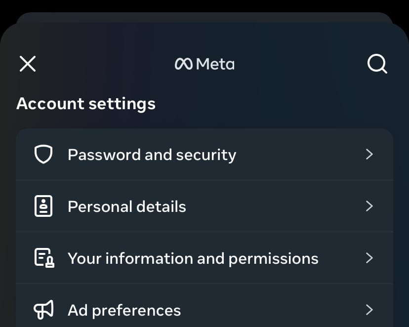 Password changing options on Meta interface.
