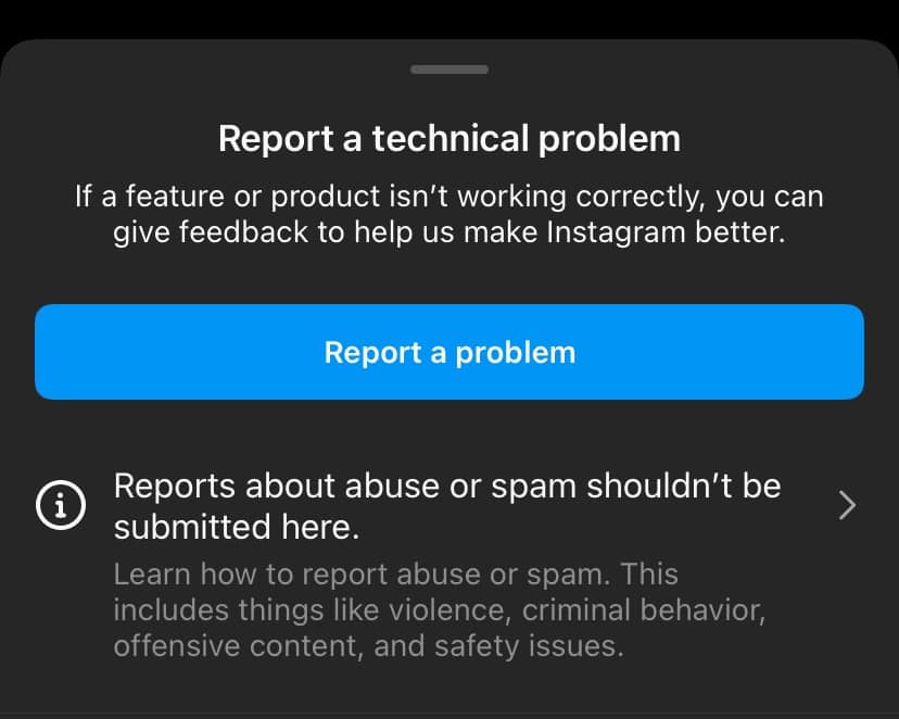 Instagram report page.